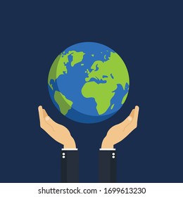 hand holding earth planet.Conceptual vector illustration in flat style design.Isolated on background.