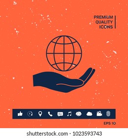 Hand holding Earth. Protect icon