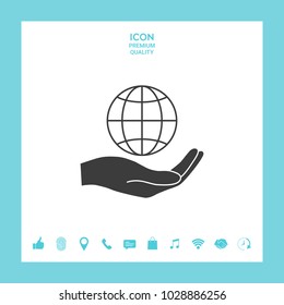 Hand holding Earth. Protect icon