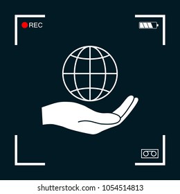 Hand holding Earth. Protect icon