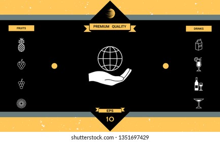 Hand holding Earth. Protect icon. Graphic elements for your design