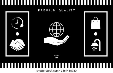 Hand holding Earth. Protect icon. Graphic elements for your design
