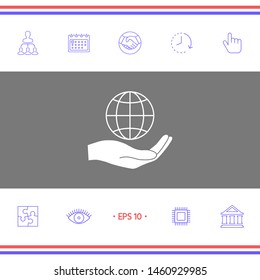 Hand holding Earth. Protect icon. Graphic elements for your design