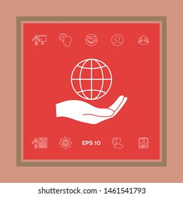 Hand holding Earth. Protect icon. Graphic elements for your design