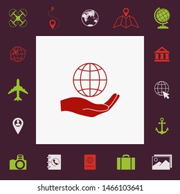 Hand holding Earth. Protect icon. Graphic elements for your design