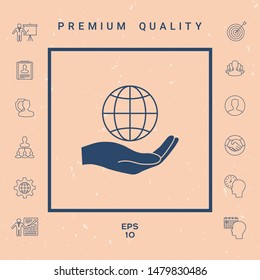 Hand holding Earth. Protect icon. Graphic elements for your design