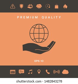 Hand holding Earth. Protect icon. Graphic elements for your design