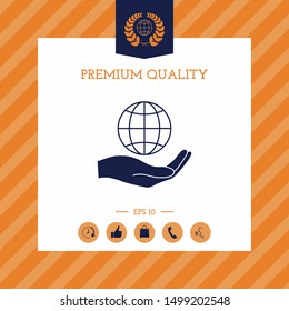 Hand holding Earth. Protect icon. Graphic elements for your design