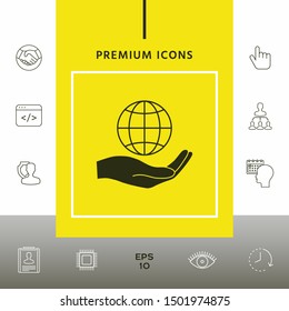 Hand holding Earth. Protect icon. Graphic elements for your design