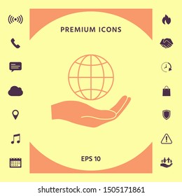 Hand holding Earth. Protect icon. Graphic elements for your design