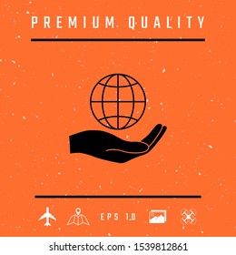 Hand holding Earth. Protect icon. Graphic elements for your design