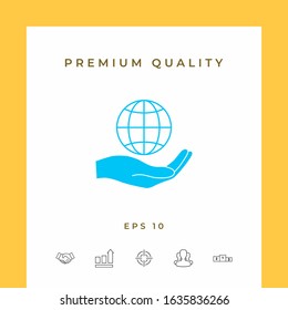Hand holding Earth. Protect icon. Graphic elements for your design