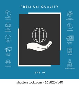 Hand holding Earth. Protect icon. Graphic elements for your design