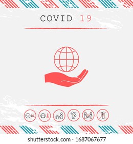Hand holding Earth. Protect icon. Graphic elements for your design
