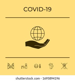 Hand holding Earth. Protect icon. Graphic elements for your design