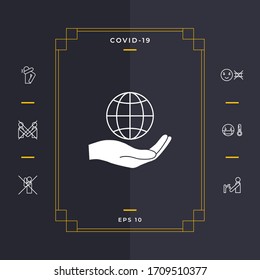 Hand holding Earth. Protect icon. Graphic elements for your design