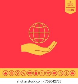 Hand holding Earth. Protect icon
