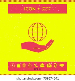 Hand holding Earth. Protect icon