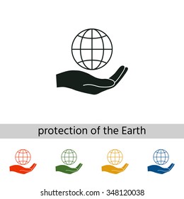 Hand holding Earth. Protect. Set of varicolored icons.