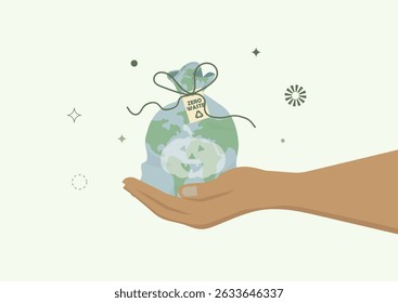 Hand Holding Earth Pumpkin Zero Waste Halloween Concept. sustainable Halloween celebrations and environmental stewardship. Eco-friendly halloween concept. Flat style. Vector illustration