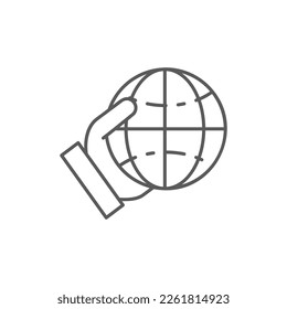 Hand holding the earth, save the environment lineal icon. Global technology, internet, social network symbol design.