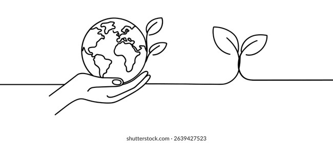 Hand holding earth with sprout and growing plant line art illustration