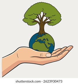 Hand Holding Earth with Tree Illustration – Environmental Concept
