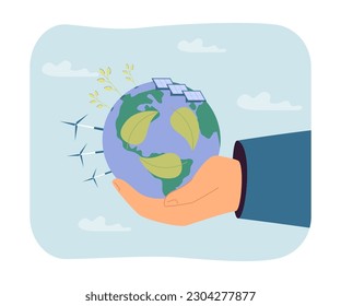 Ilustración del vector de la Tierra con mano. Pequeño planeta con tecnología ecológica, energía sostenible y baterías de energía solar. Estilo de vida verde, sostenibilidad, concepto de ecología