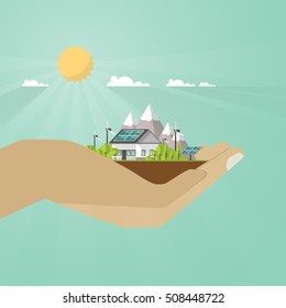 Hand Holding Eco Landscape Flat Design. Eco concept. Illustration of solar panel, with wind turbines. Renewable energy vector.

