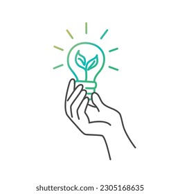 Hand holding Ecology bulb lamp with leaf. Eco friendly. Hand drawn vector illustration.