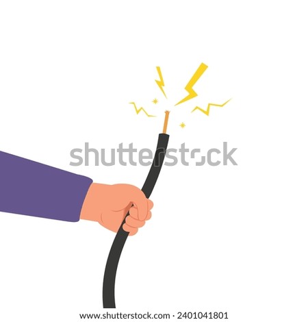 Hand holding electric line. Electrical cable break with electric discharge, Electrical cable wires, Danger of Power line damage.