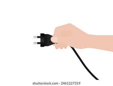 Hand Holding Electric Plug. Save Energy and Electricity Concept. Vector Illustration. 