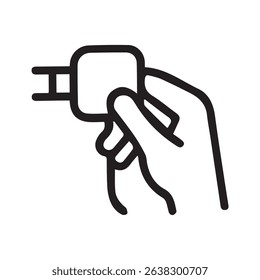A hand holding an electric plug symbolizes power connection and usage depicted in a simple clean icon design