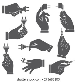 hand holding electric plug, vector set isolated on white background