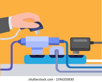 hand holding electric power plug, full electrical outlet, power outlet multiple socket, risk of causing fire. flat illustration editable vector