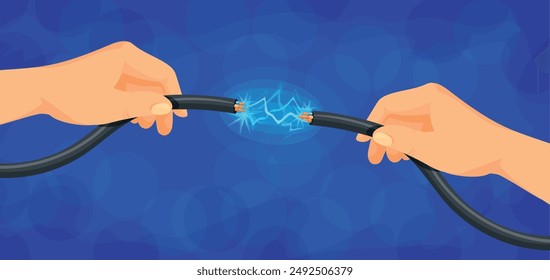 Cable eléctrico de sujeción manual. Conexión de alambre eléctrico en las manos del electricista, peligro de accidente de energía eléctrica cables eléctricos conectan voltaje del rayo Ilustración vectorial limpia autores gráficos