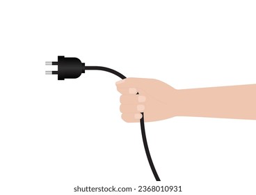 Hand Holding Electrical Plug. Hand Pulling Electrical Plug from Socket. Unplug Hand. Save Energy Concept. Vector Illustration