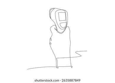Hand holding electro thermometer. Medical technology concept one-line drawing