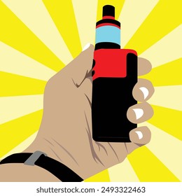 Hand holding an electronic cigarette (vape) with rays light background.