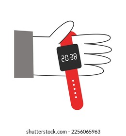 Hand holding electronic watch on the palm. Time management concept. Early or late actions, start and finish, hours and minutes, beginning and end, deadline vector flat illustration.