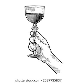 Hand Holding Elegant Glass, Hand-Drawn Vector, Graphic Style, Cartoon Illustration, Black and White, Sketch Style, Isolated on White Background