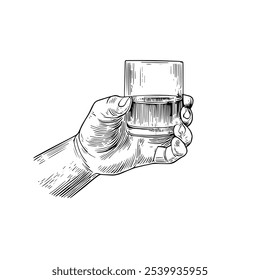 Hand Holding Elegant Glass, Hand-Drawn Vector, Graphic Style, Cartoon Illustration, Black and White, Sketch Style, Isolated on White Background