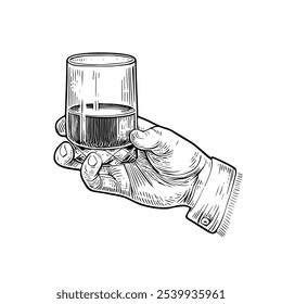 Hand Holding Elegant Glass, Hand-Drawn Vector, Graphic Style, Cartoon Illustration, Black and White, Sketch Style, Isolated on White Background