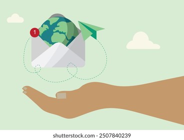 Mano que sostiene el correo electrónico con el icono del globo y el avión de papel que simbolizan la comunicación global y la mensajería digital. Comunicación ambiental. Noticias de sostenibilidad. Ilustración vectorial