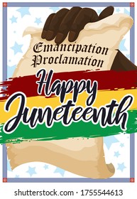
Hand holding Emancipation Proclamation and greeting message over Pan-African brush strokes to celebrate Juneteenth over frame and starry background.