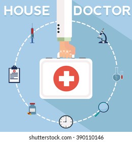 Hand holding emergency first aid briefcase with medical icons vector concept