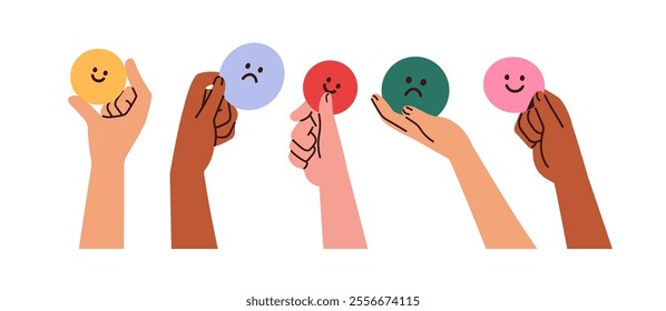 Hand holding emoji, happy and sad face expressions, showing positive and negative emotions. Satisfied and discontent feedback, mood concept. Flat vector illustration isolated on white background