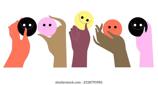 Hand holding emoji, happy and sad face expressions, showing positive and negative emotions. Satisfied and discontent feedback, mood concept. Flat vector illustration isolated on white background.