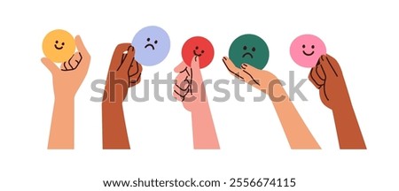 Hand holding emoji, happy and sad face expressions, showing positive and negative emotions. Satisfied and discontent feedback, mood concept. Flat vector illustration isolated on white background