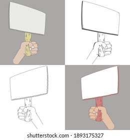 hand holding empty banner with place for text taking part at demonstration vector flat illustration in different styles.. arm with placard at protest meeting isolated on white. Hands holding placards.